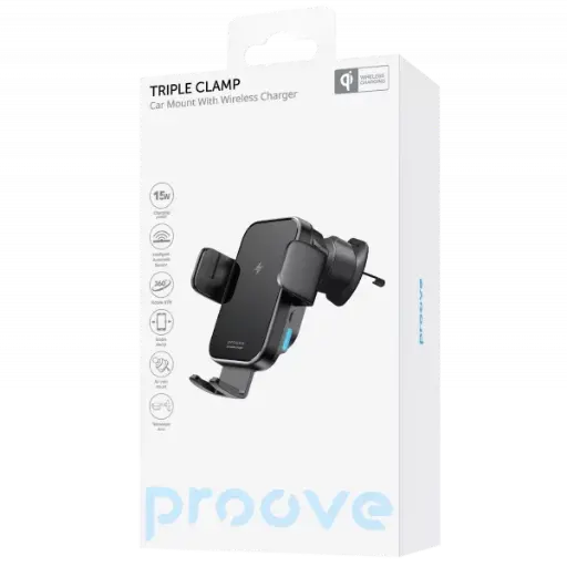حامل شحن لاسلكي ثلاثي للمقود للسيارة Proove Triple Clamp بقدرة 15 واط – أسود