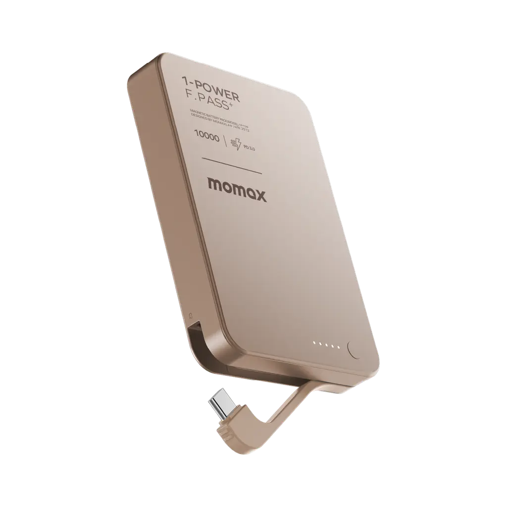 باور بانك ميني موماكس 1-Power بسعة 10,000 مللي أمبير مع كابل USB-C مدمج وقابل للطي – ذهبي