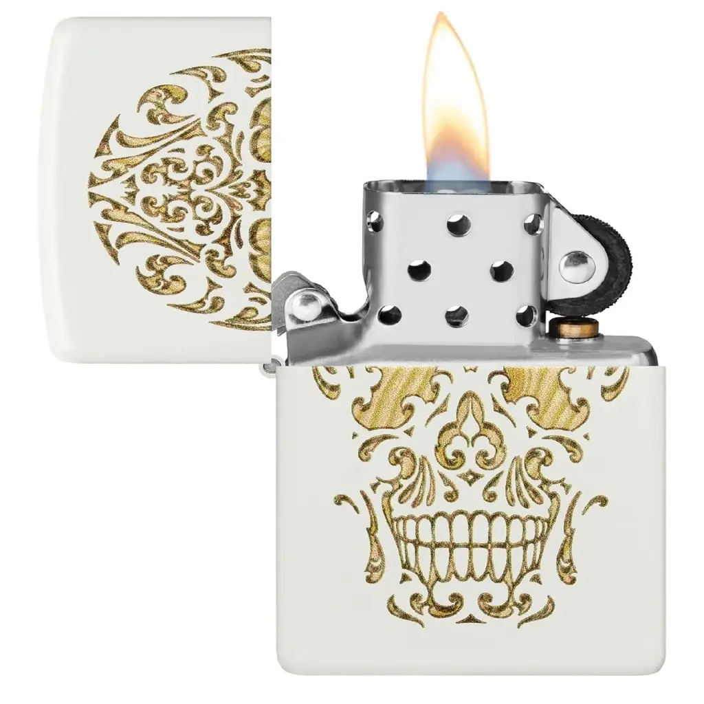 ولاعة زيبو المقاومة للرياح – "White Matte" الحجم العادي – تصميم جمجمة السكر (Sugar Skull) – 48710-214