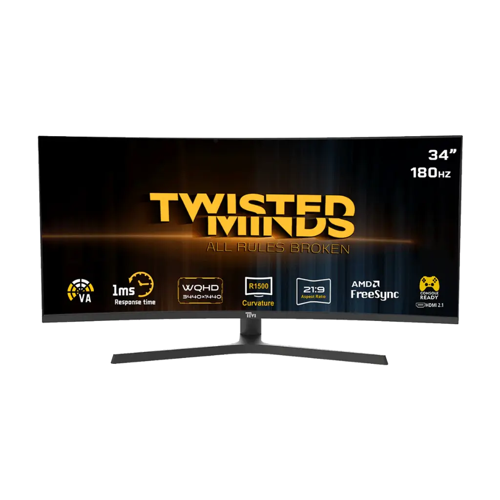 شاشة "تويستد ماينز" (Twisted Minds) منحنية مقاس 34 بوصة بدقة WQHD وسرعة استجابة 1 مللي ثانية وتردد 180 هيرتز ولوحة VA