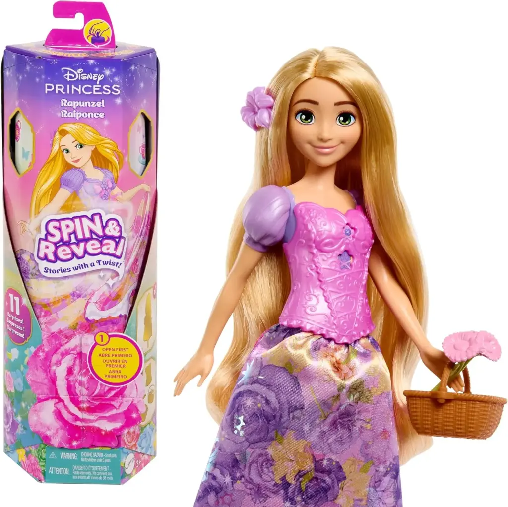 دمية "ديزني برينسيس سبين آند ريفيل" (Disney Princess Spin & Reveal) لشخصية رابونزل مع إكسسوارات متنوعة.
