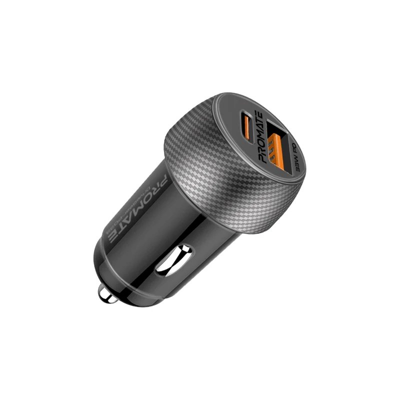 Promate DriveGear-PD33 33W USB-C PD + QC 3.0 Dual Port Car Charger - Black