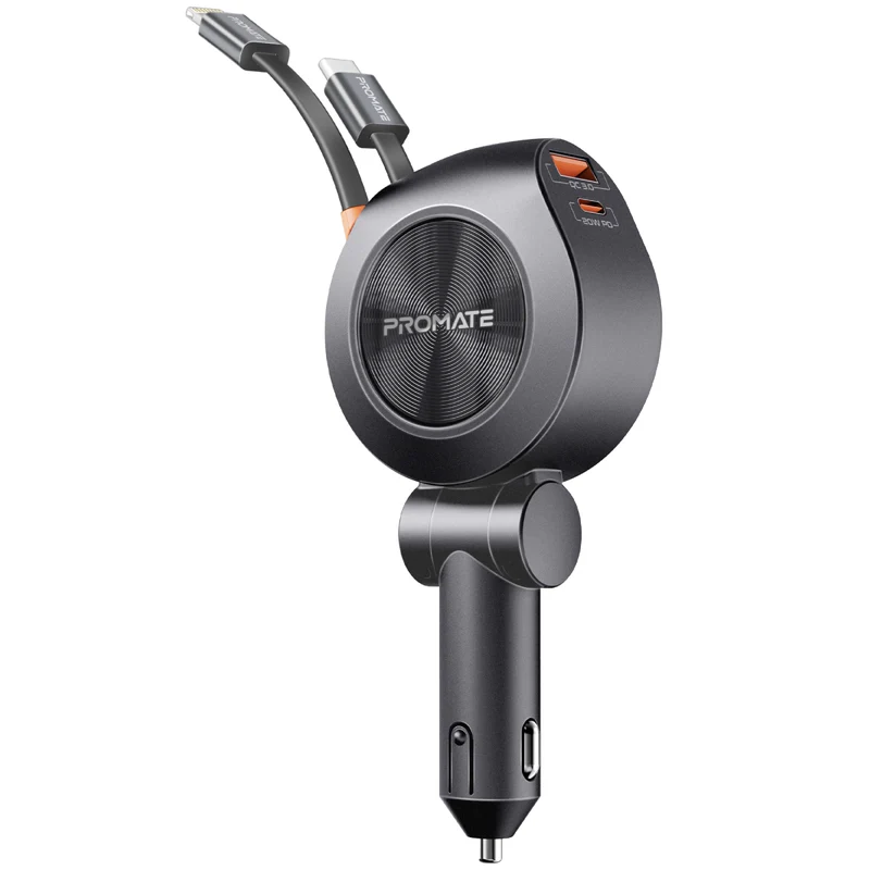 Promate DriveGear-R2 88W 4-in-1 Retractable USB-C/Lightning Car Charger - Black