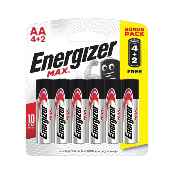إنرجايزر (Max) بطاريات قلوية AA، 6 حبات (4+2) - BP6