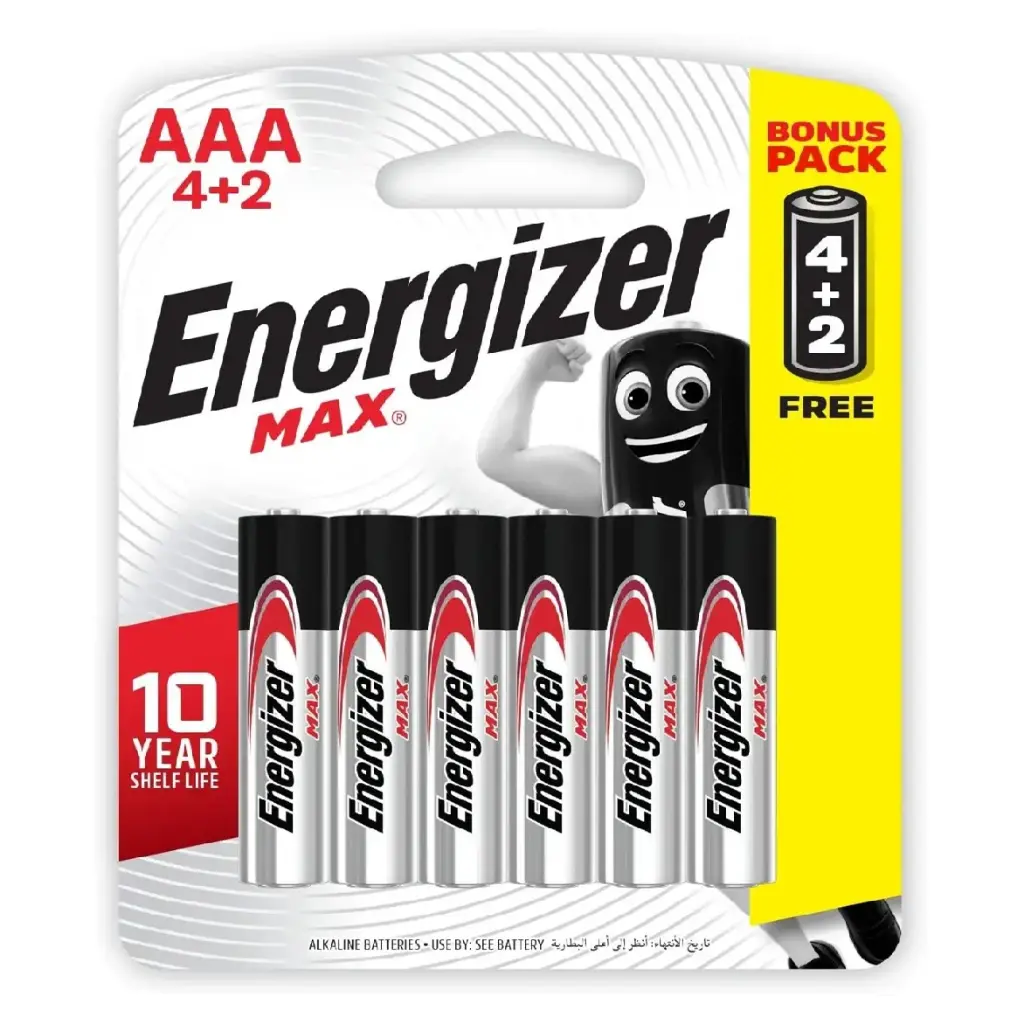 إنرجايزر (Max) بطاريات قلوية AAA، 6 حبات (4+2) - BP6