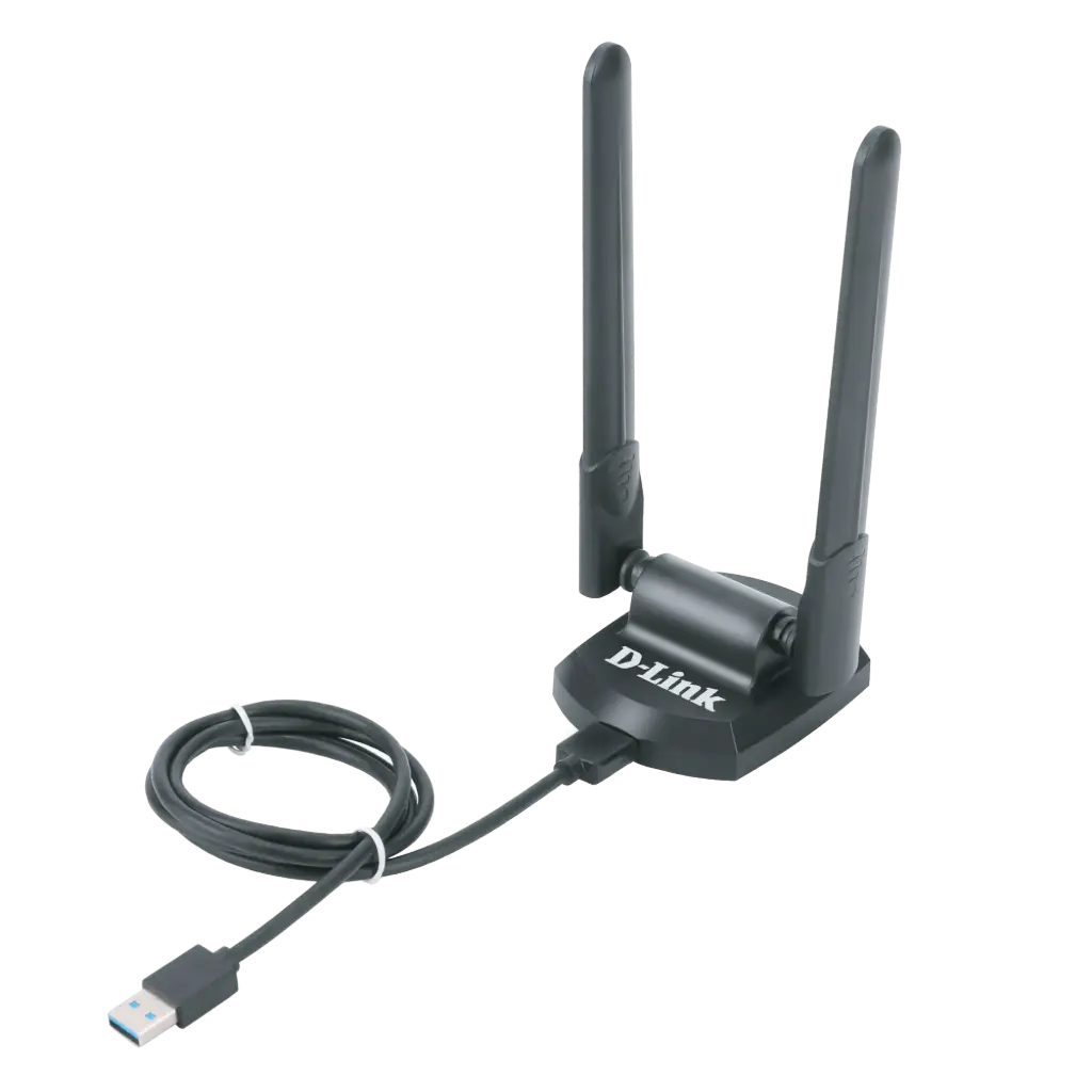 دي-لينك (DWA-X1852) محول (USB) لاسلكي عالي الكسب (High Gain) بتقنية (Wi-Fi 6) وبسرعة (AX1800)، مع كابل تمديد (USB) وهوانيين (2 Antennas)