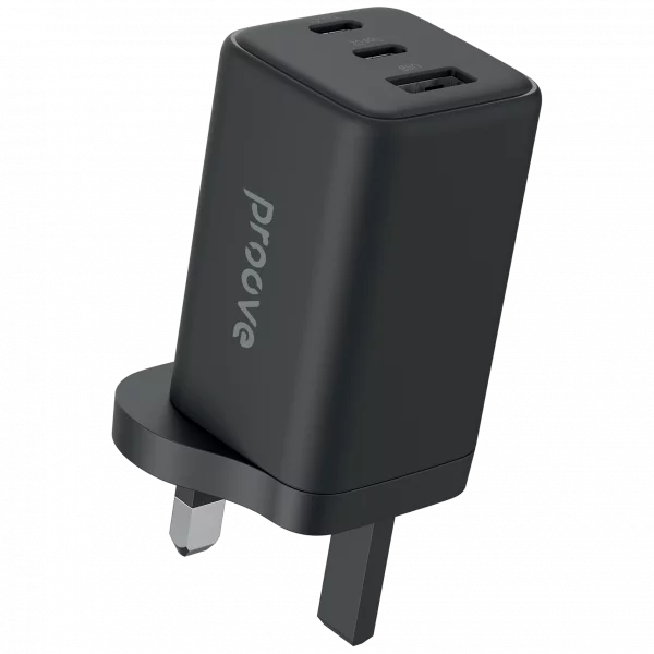 بروفي (Proove Pocket GaN) شاحن جداري بقدرة 65 واط (2*Type-C + USB) بقابس بريطاني (UK) - أسود