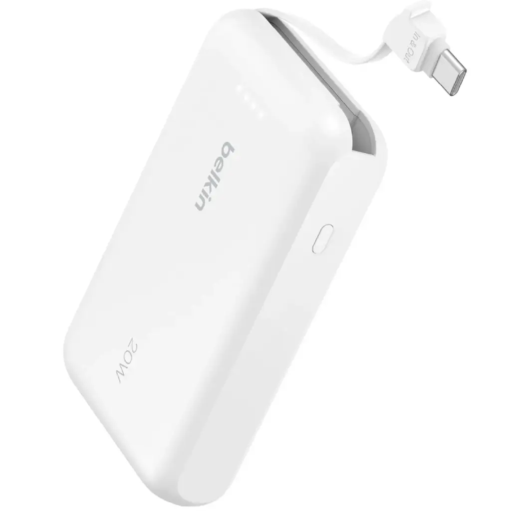 بيلكين (Belkin) باور بانك سعة 10000 مللي أمبير مع كابل USB-C مدمج - لون أبيض