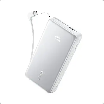 Anker Zolo Power Bank - 20,000mAh 22.5W Max Portable Charger with Built-in USB-C Cable - White