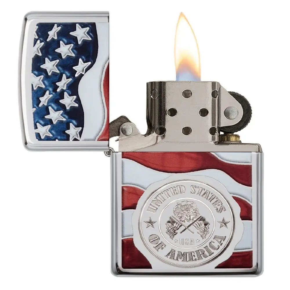 Zippo American Flag Stamp High Polish Chrome Windproof Lighter
