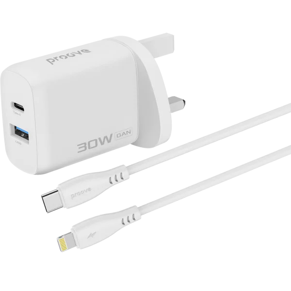 بروفي سيليكون باور 2 شاحن حائط 30 واط (Type-C + USB) مع كابل Type-C إلى Lightning 27 واط (1 متر) قابس بريطاني - أبيض