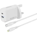 بروفي سيليكون باور 2 شاحن حائط 30 واط (Type-C + USB) مع كابل Type-C إلى Lightning 27 واط (1 متر) قابس بريطاني - أبيض
