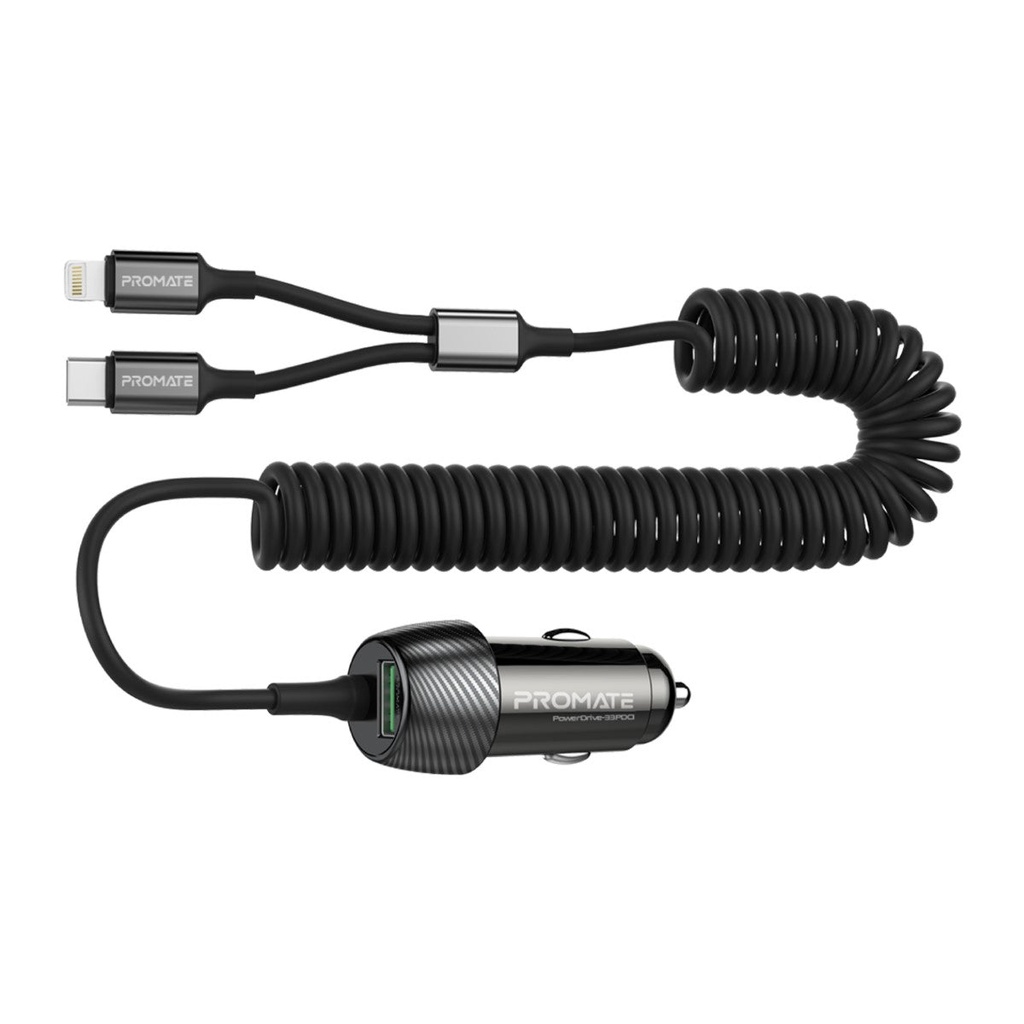 Promate PowerDrive-33PDCi 33W Car Charger with Lightning Connector & USB-C Cable