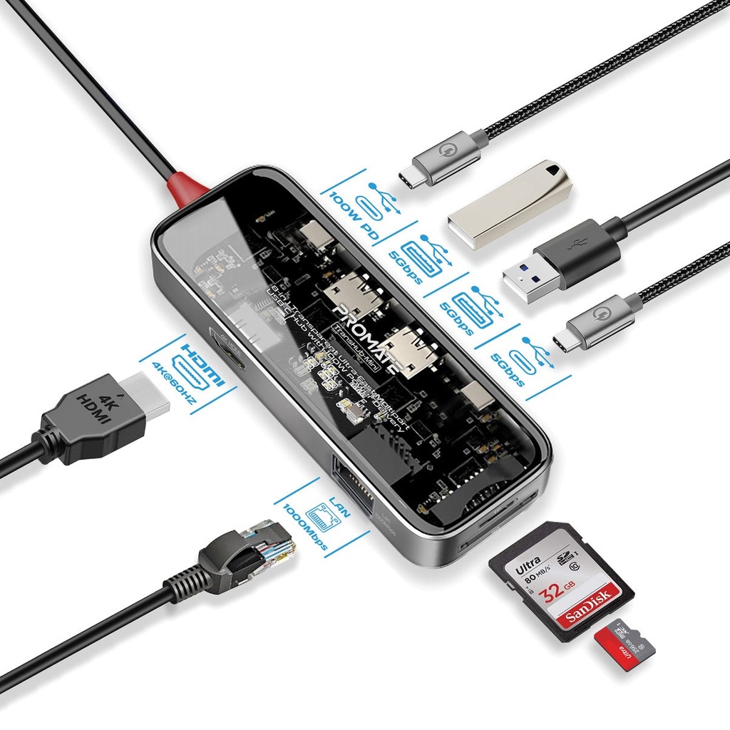 موزع USB-C بروميت TransHub-mini ثمانية في واحد بتصميم شفاف ودعم PD بقدرة 100 واط