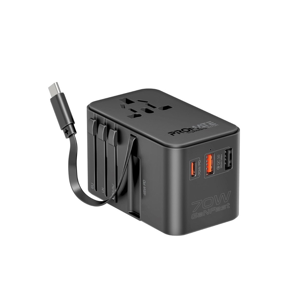محول سفر بروميت TripMate-GaN70R بتقنية GaN وقدرة 70 واط وكابل USB-C قابل للسحب
