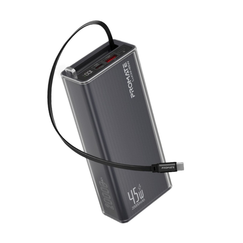 بروميت Lucid-45W باور بانك 20000 مللي أمبير 45 واط مع كابل USB-C مدمج قابل للسحب - أسود