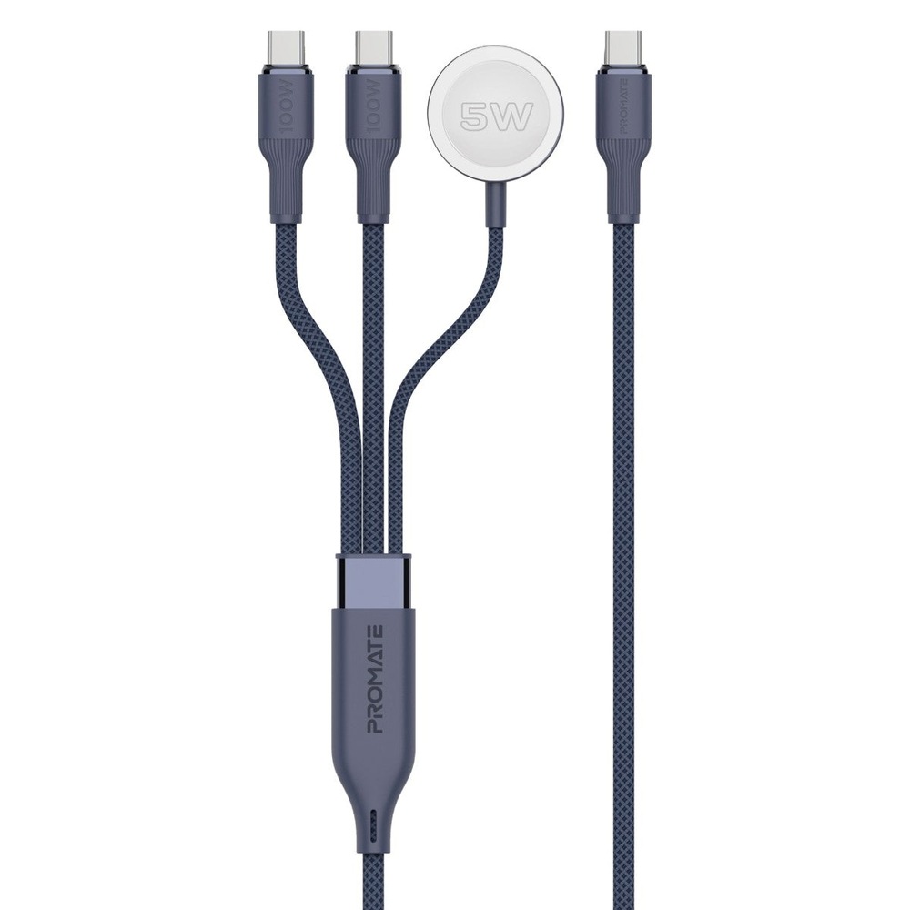 كيبل شحن USB-C بروميت Fusion-CCW متعدد الأجهزة بقوة 100 واط مع شاحن Apple Watch - أزرق