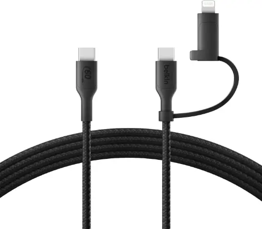[DNA0003330] كابل مضفر بلكين BoostCharge 2 في 1 من USB-C إلى USB-C مع محول Lightning طول 1.5 متر