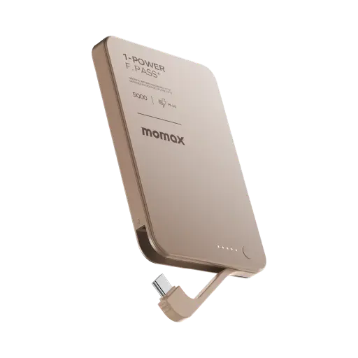 [DNA0028611] باور بانك ميني موماكس 1-Power بسعة 5,000 مللي أمبير مع كابل USB-C مدمج وقابل للطي – ذهبي