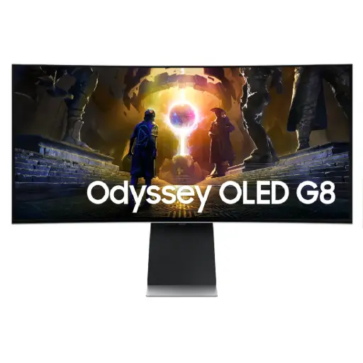 [DNA0041617] سامسونج (Odyssey OLED G8 G85SD) شاشة ألعاب ذكية منحنية مقاس 34 بوصة بدقة (UWQHD) ولوحة (OLED) بتردد 175 هرتز ووقت استجابة 0.03 مللي ثانية - فضي