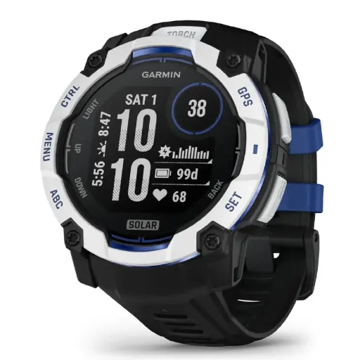 [DNA0055619] جارمن Instinct 3 Solar ساعة ذكية GPS مقاس 50 ملم - وايت ستون مع سوار أسود / بولت بلو