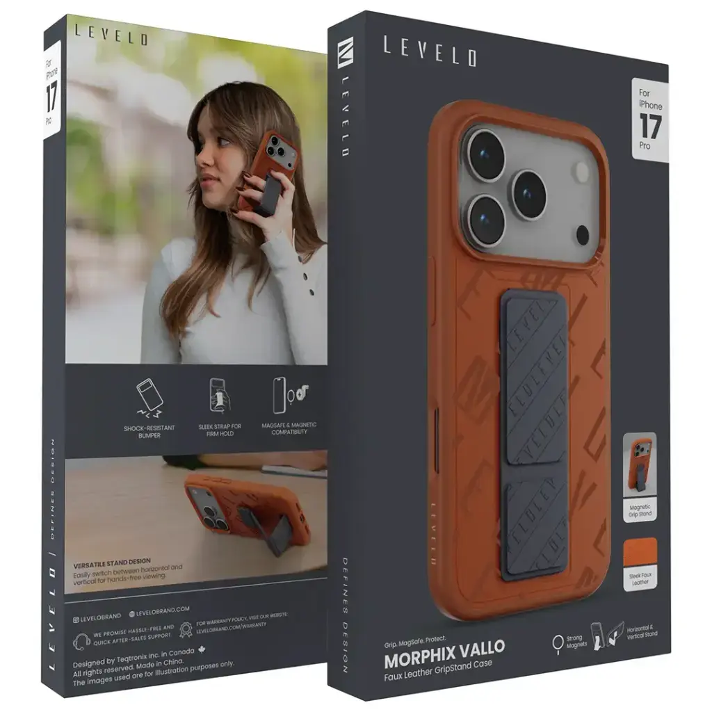 Levelo Morphix Vallo with Faux Leather Gripstand Case & Magsafe for iPhone 17 Pro  ProMax.webp