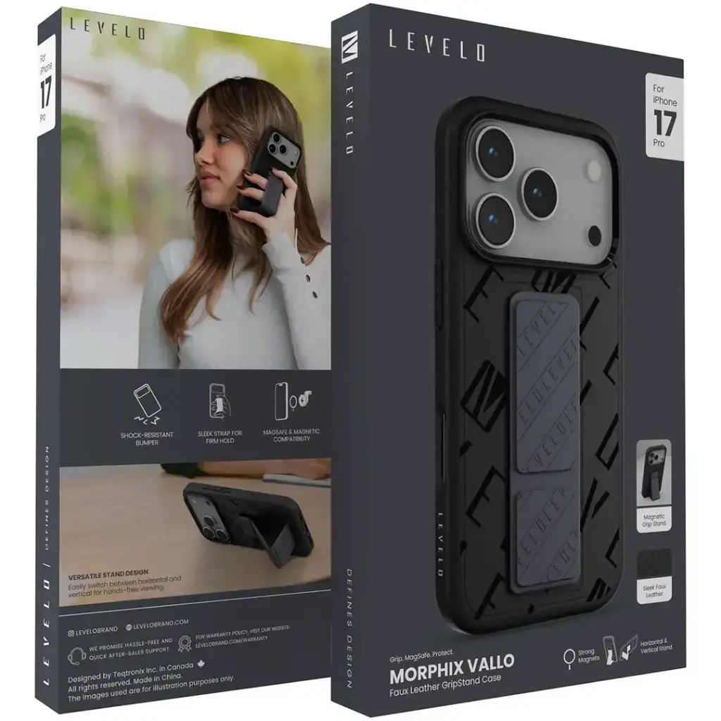 Levelo Morphix Vallo with Faux Leather Gripstand Case & Magsafe for iPhone 17 Pro  ProMax.webp