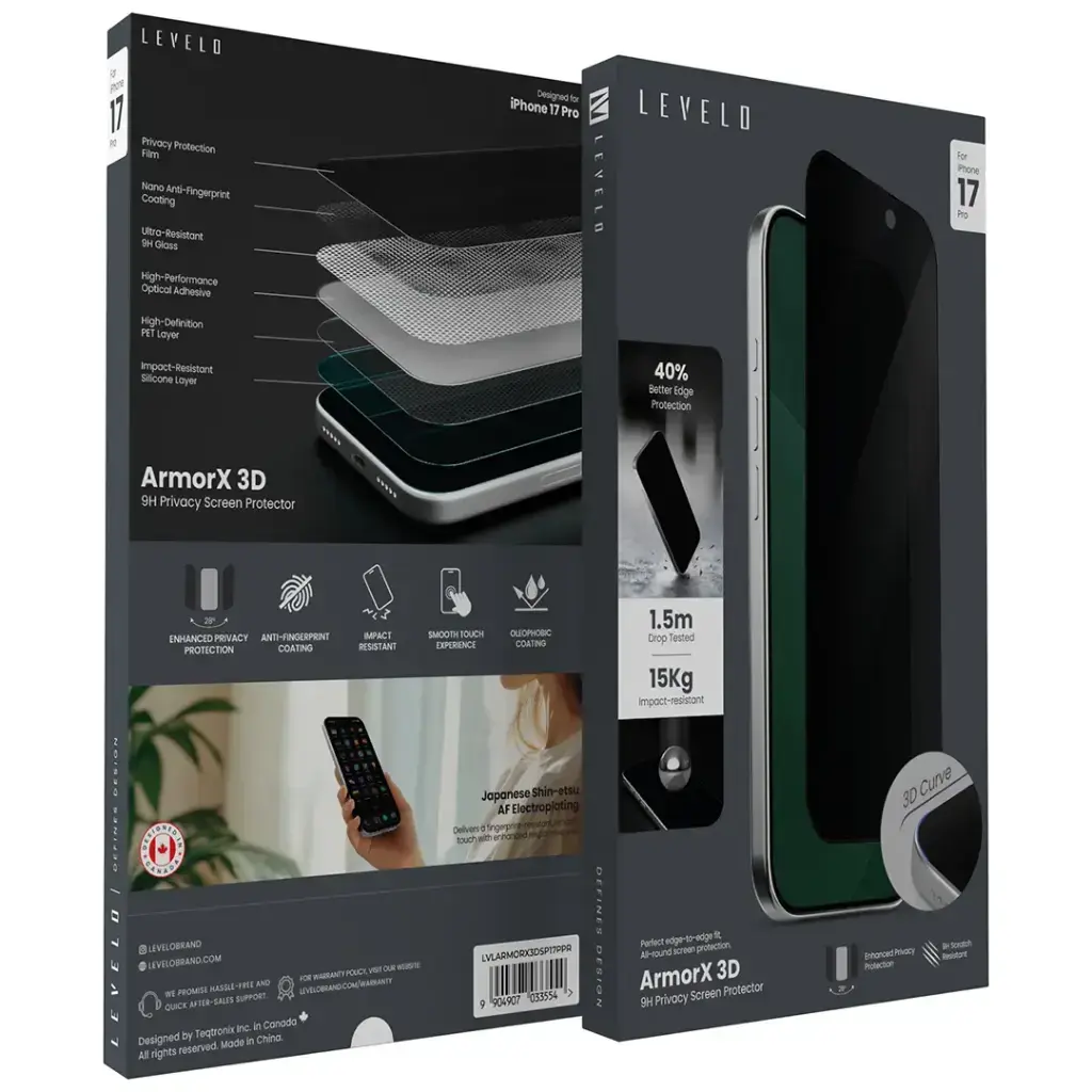 Levelo ArmorX 3D 9H Screen Protector for iPhone 17 & Pro - Privacy.webp