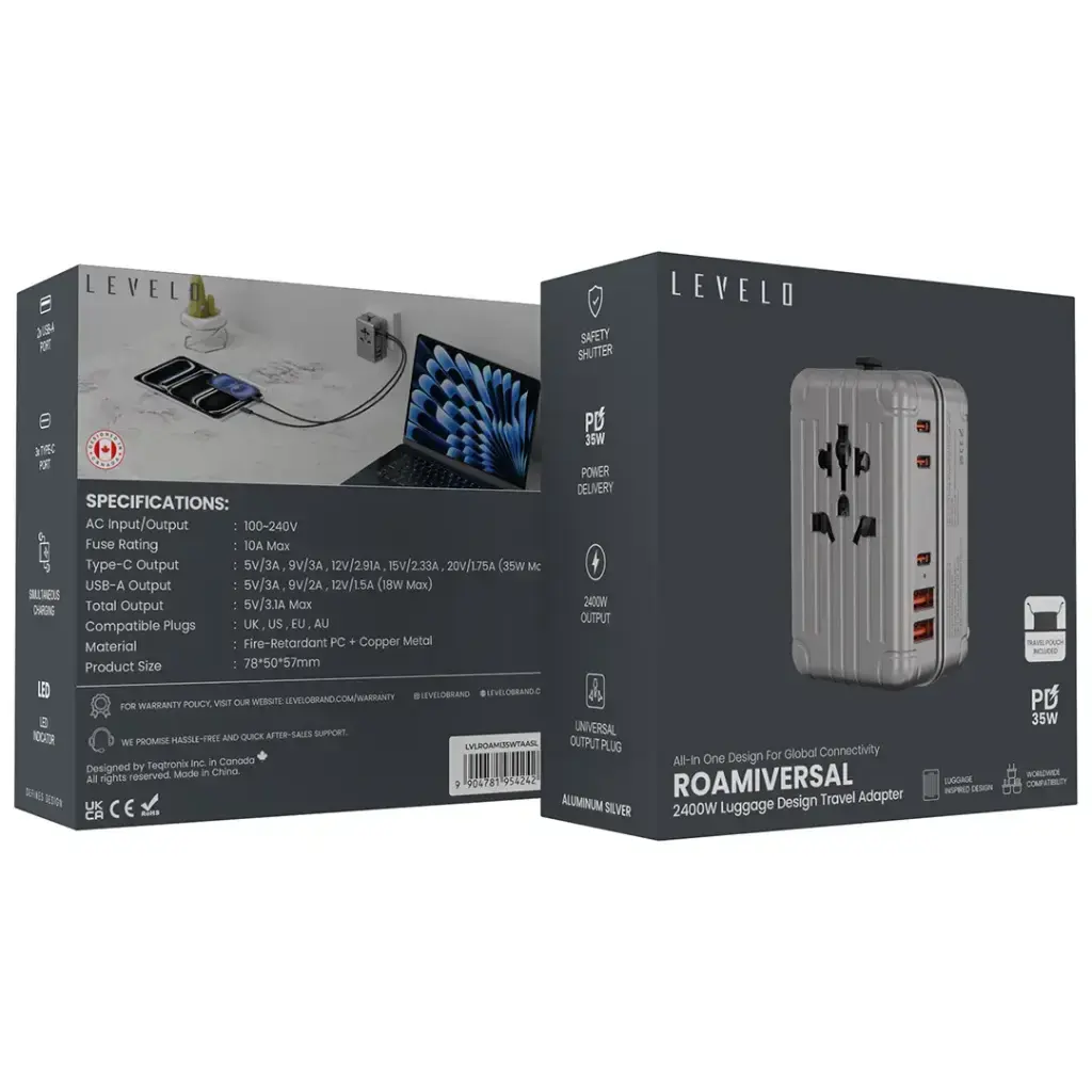 Levelo Roamiversal 2400W Luggage Design Travel Adapter - Aluminum2.webp