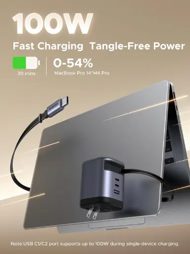 شاحن يوغرين بتقنية GaN بقدرة 100 واط مع كيبل USB-C قابل للسحب للشحن السريع