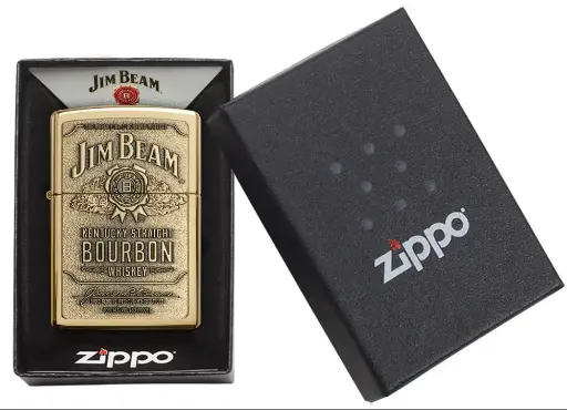 ولاعة زيبو مقاومة للرياح – نحاس مطفي "Brushed Brass" مع شعار "Jim Beam" بارز – 254-BJB929