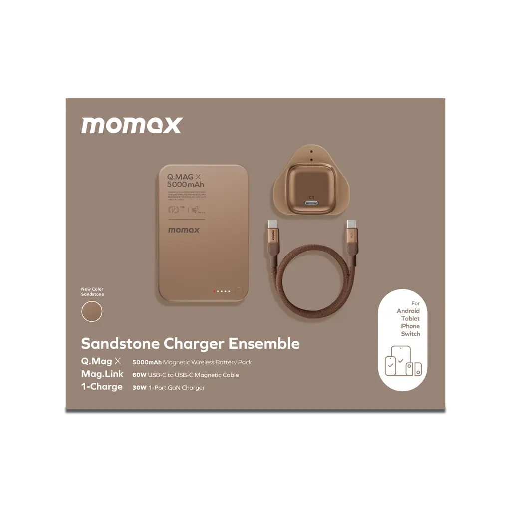 MOMAX 1-CHARGE GAN 30W 1 PORT CHARGER + 60W USB-C TO USB-C MAGNETIC CABLE 1M + 5000mAh MAGNETIC WIRELESS POWER BANK.webp