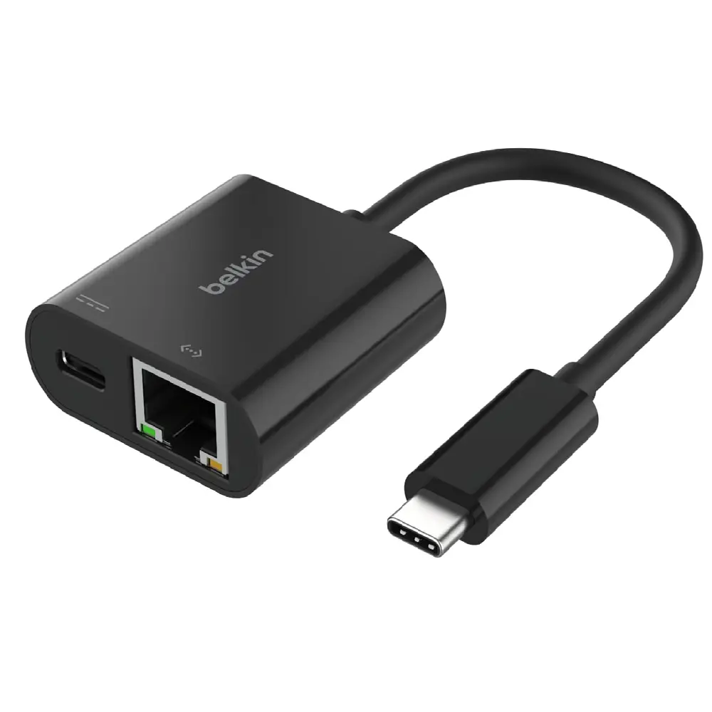 محول Belkin USB-C إلى إيثرنت مع توصيل طاقة يصل إلى 100 واط.