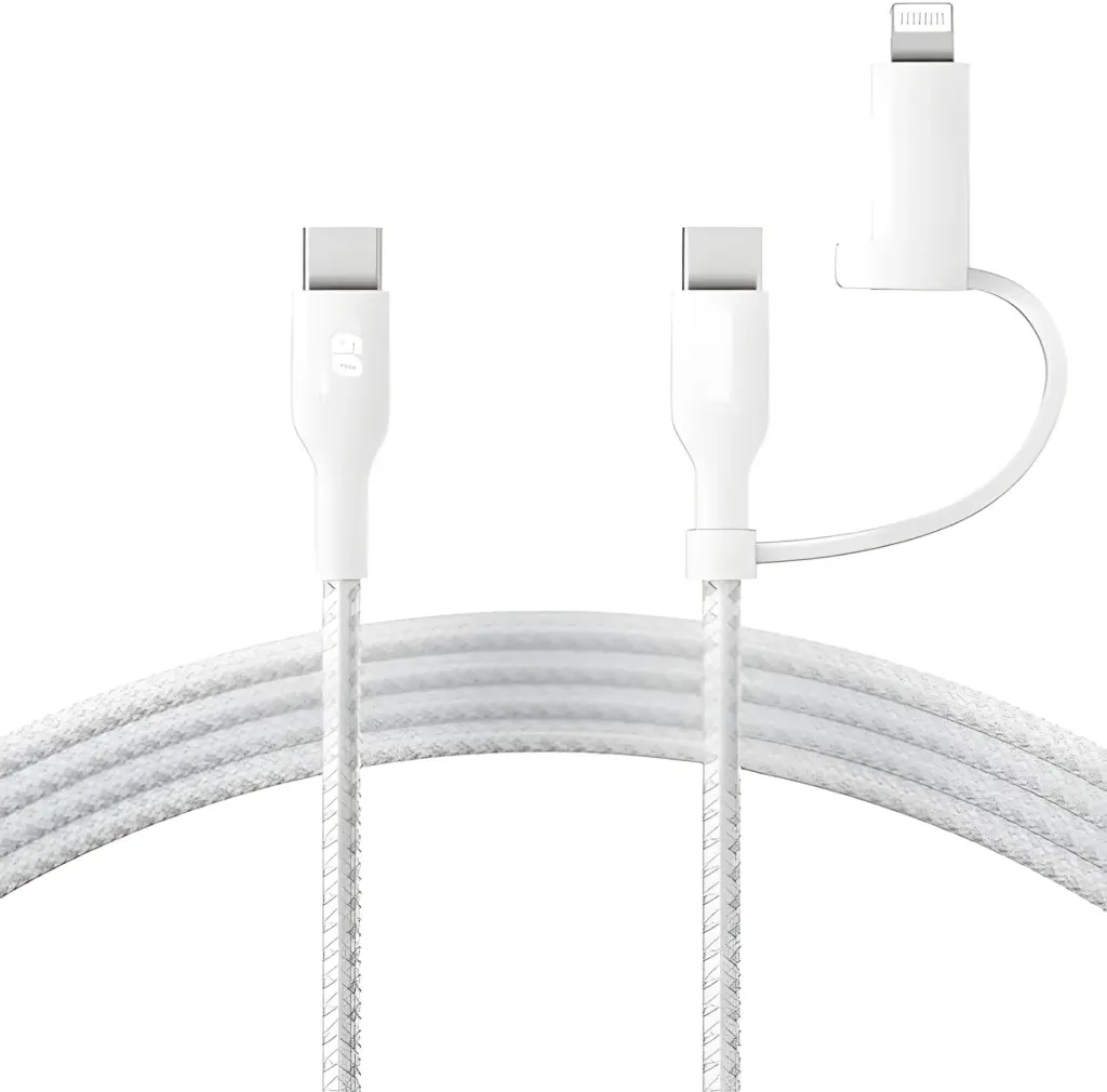 كابل مضفر بلكين BoostCharge 2 في 1 من USB-C إلى USB-C مع محول Lightning طول 1.5 متر