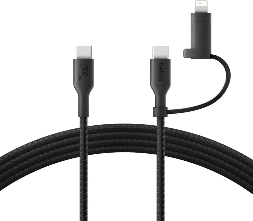 كابل Belkin BoostCharge مضفر 2 في 1 USB-C إلى USB-C مع محول Lightning بطول 1.5 متر