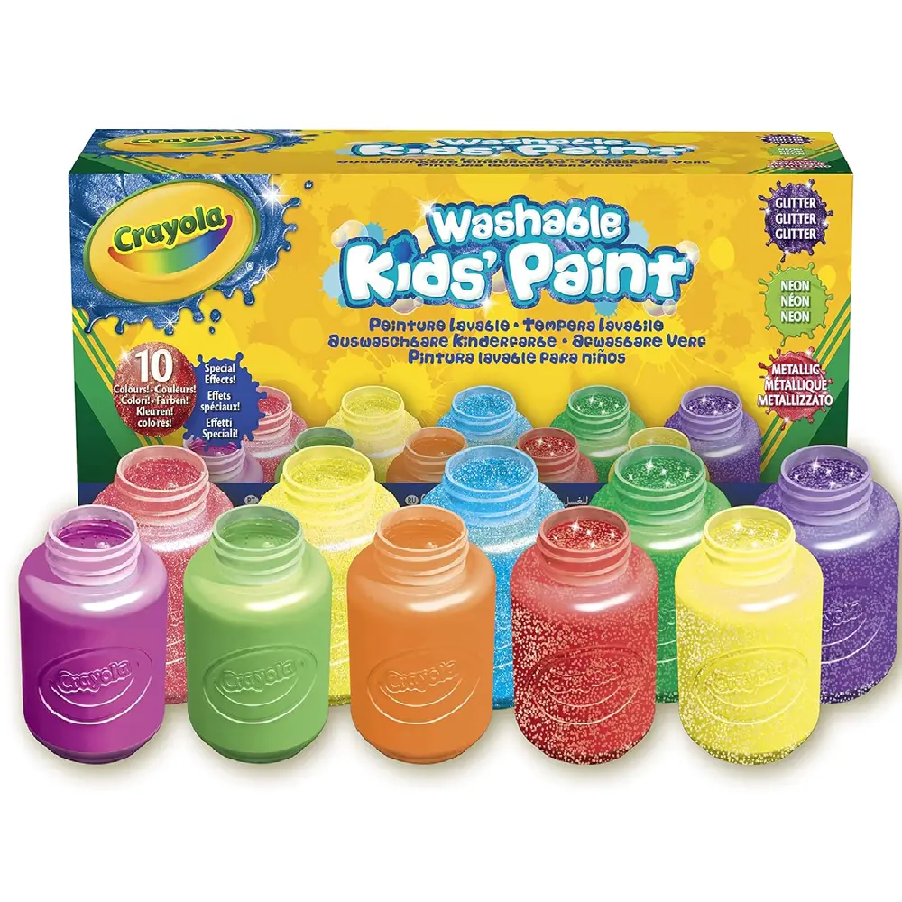 Crayola – 10 زجاجات طلاء قابلة للغسل بسعة 59 مل، تأثيرات خاصة: لامع، معدني، نيوني