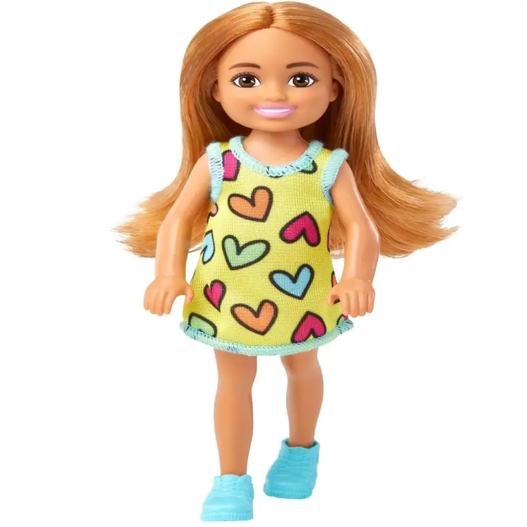 Barbie Chelsea Doll Small Doll With Yellow Heart-Print Dress &  Blue Sneakers