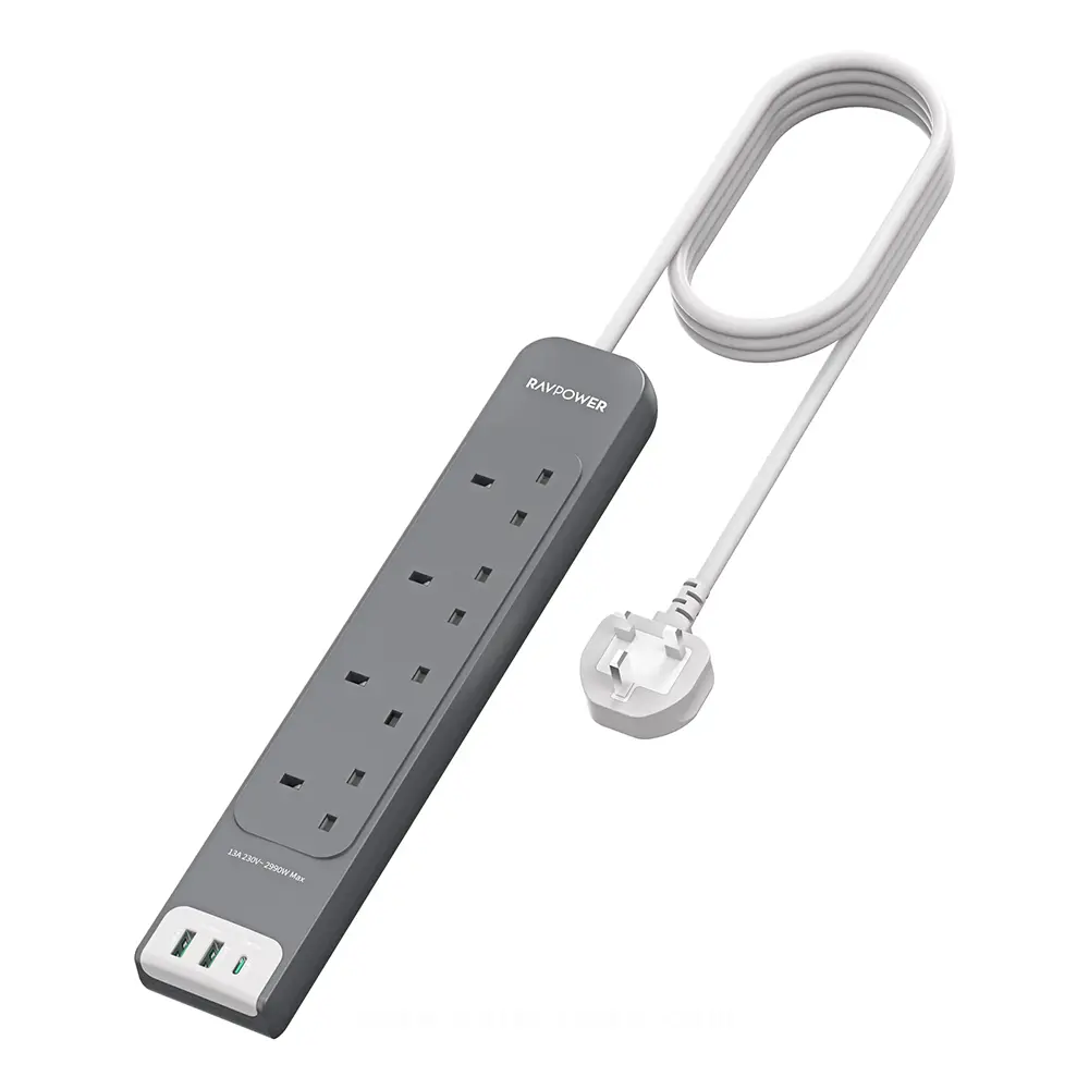 شريط كهرباء من راف باور PC1039 مع شحن PD بقدرة 30 واط، 4 منافذ تيار متردد (AC)، 2 منافذ USB-A، منفذ USB-C واحد، طول 3 أمتار