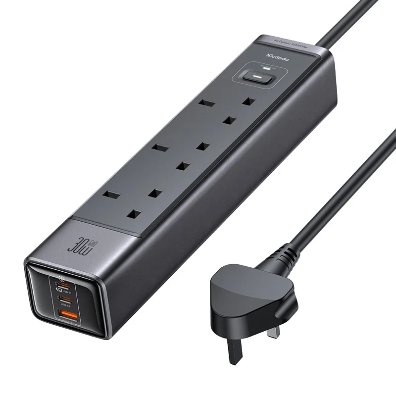 Mcdodo CH-060 6-in-1 30W GaN Surge Protection Power Strip with 2 Type-C+USB - UK Plug / Black