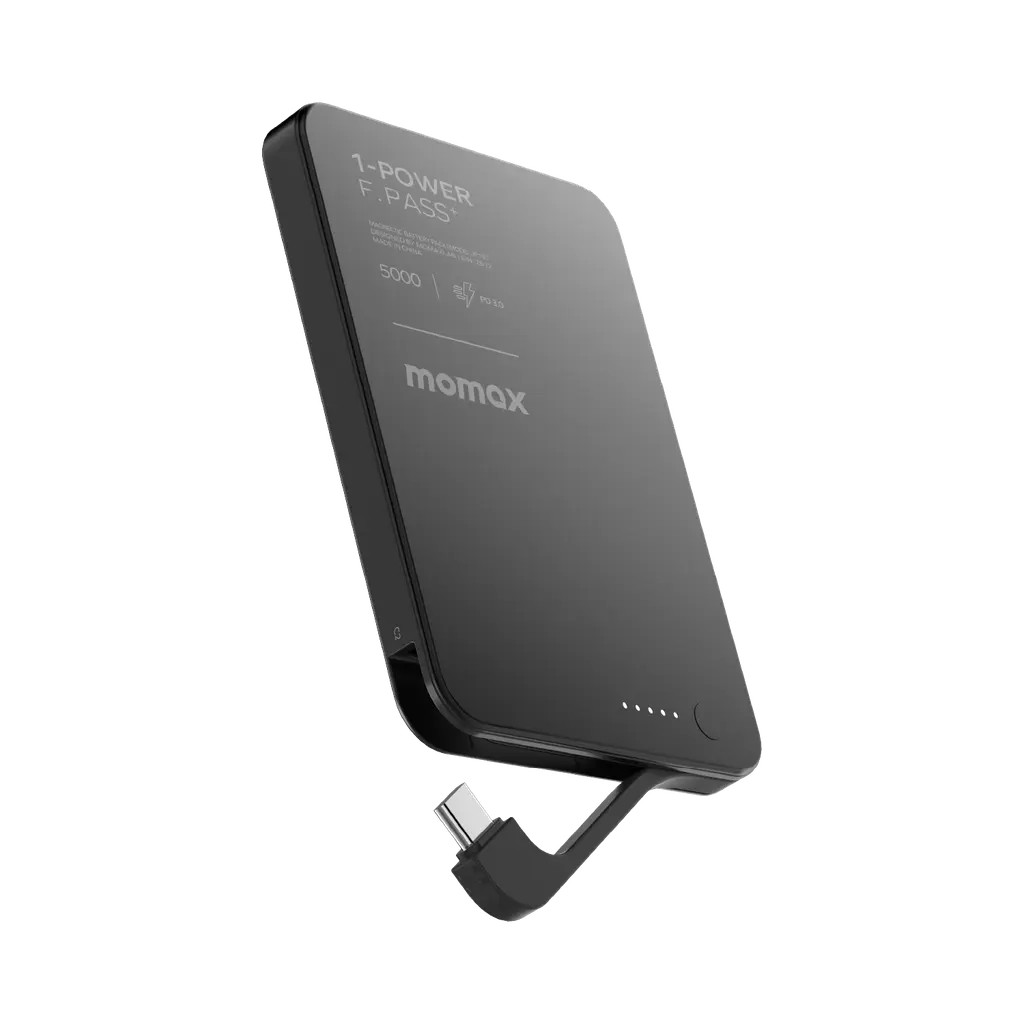 باور بانك ميني موماكس 1-Power بسعة 5,000 مللي أمبير مع كابل USB-C مدمج وقابل للطي – أسود