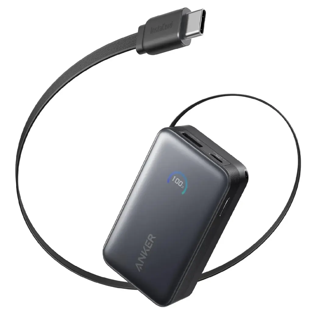 باور بانك أنكر نانو بسعة 10,000 مللي أمبير وبقدرة 45 واط مع كابل USB-C مدمج قابل للسحب – أسود
