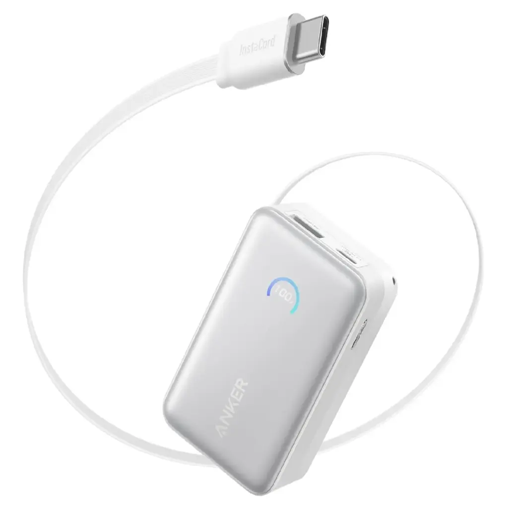 باور بانك أنكر نانو بسعة 10,000 مللي أمبير وبقدرة 45 واط مع كابل USB-C مدمج قابل للسحب – أبيض