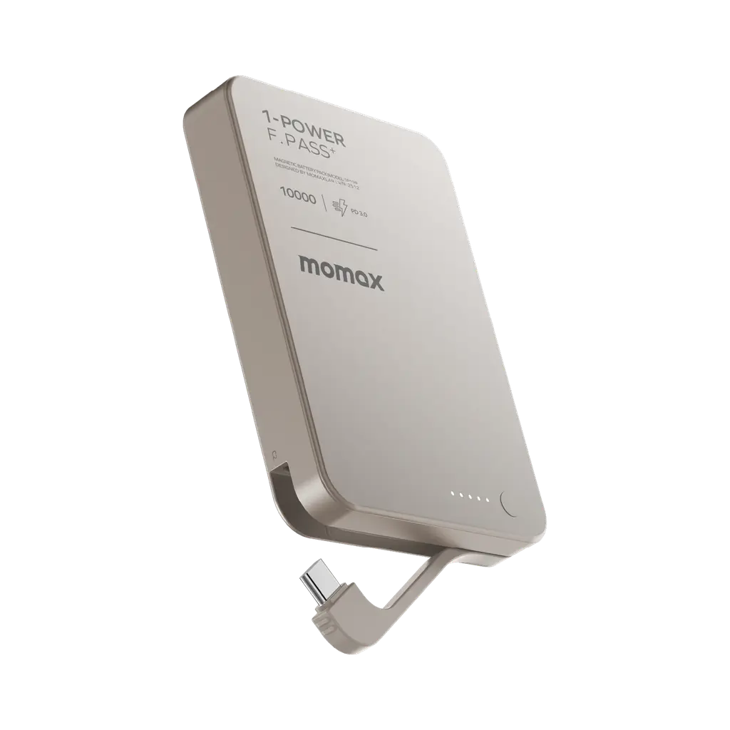باور بانك ميني موماكس 1-Power بسعة 10,000 مللي أمبير مع كابل USB-C مدمج وقابل للطي – تيتانيوم