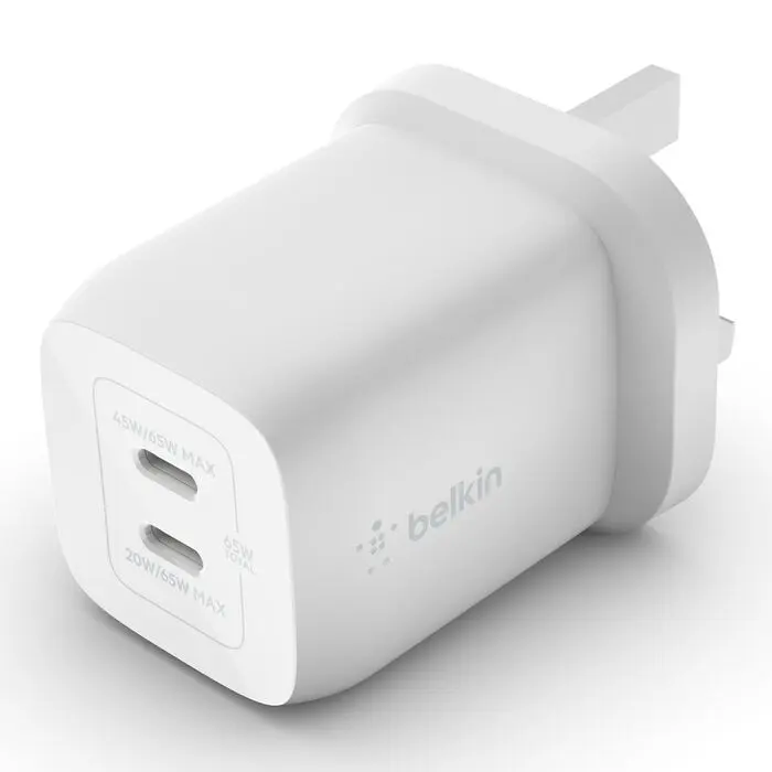 شاحن حائط بيلكن BoostCharge Pro مزدوج USB-C بتقنية GaN مع PPS بقوة 65 واط — اللون الأبيض