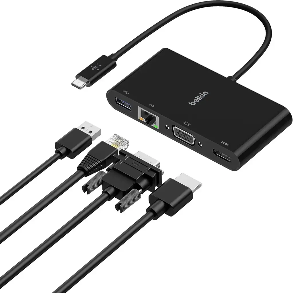 هب وسائط متعددة بيلكن USB-C مع إيثرنت، USB-A، VGA و HDMI بدقة 4K — اللون الأسود