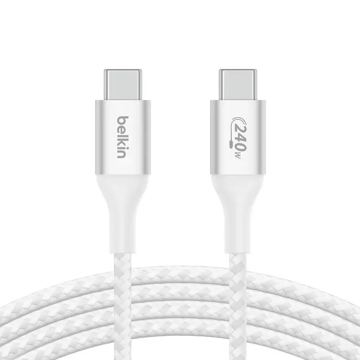 كيبل بيلكن BoostCharge مضفر من USB-C إلى USB-C بقوة 240 واط PD ‏(48V/5A) بطول 2 متر — اللون الأبيض