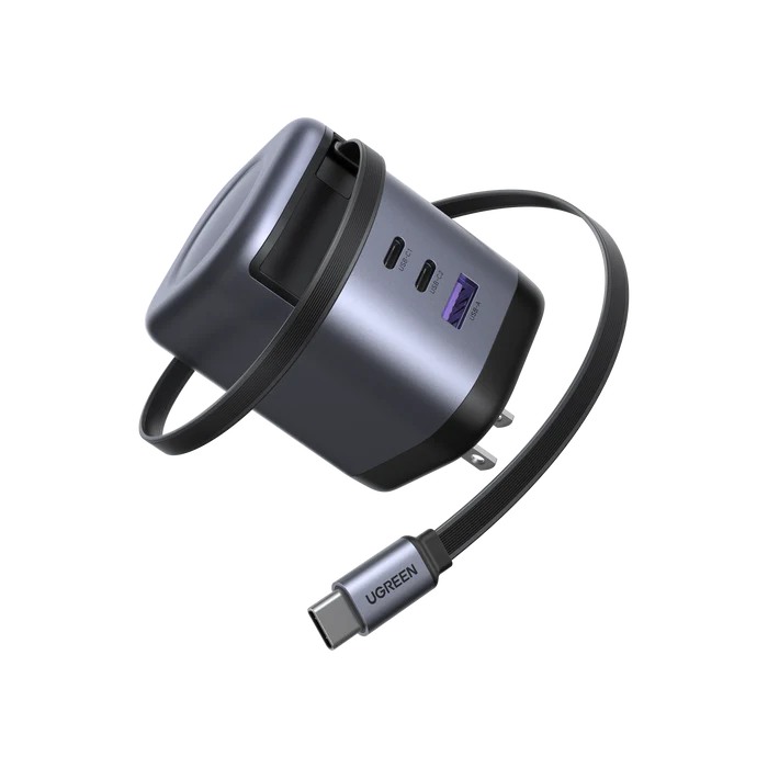 شاحن يوغرين بتقنية GaN بقدرة 100 واط مع كيبل USB-C قابل للسحب للشحن السريع