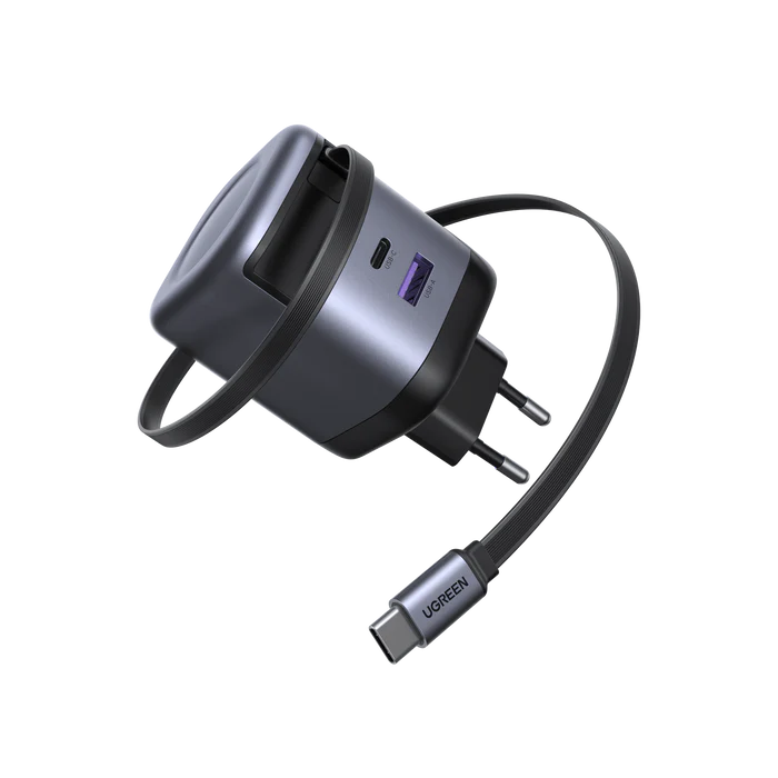 شاحن يوغرين بتقنية GaN بقدرة 65 واط مع كيبل USB-C قابل للسحب للشحن السريع
