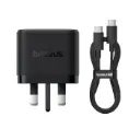 شاحن يدوي باسيوس Palm Charger 2C+U بقدرة 65 واط — النسخة البريطانية، اللون الأسود (مع كيبل USB-C إلى USB-C بطول 1 متر بقدرة 100 واط)
