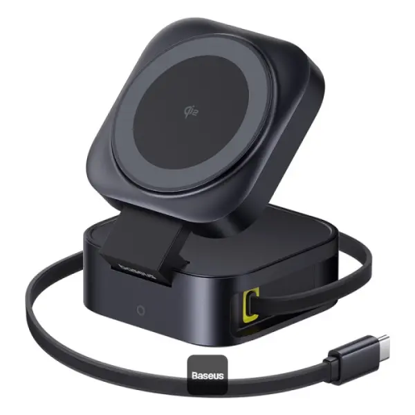 شاحن لاسلكي مغناطيسي باسيوس PicoGo 2 في 1 بتقنية Qi2 بقدرة 67 واط — اللون الأسود (مع كيبل USB-C إلى USB-C بقدرة 100 واط)